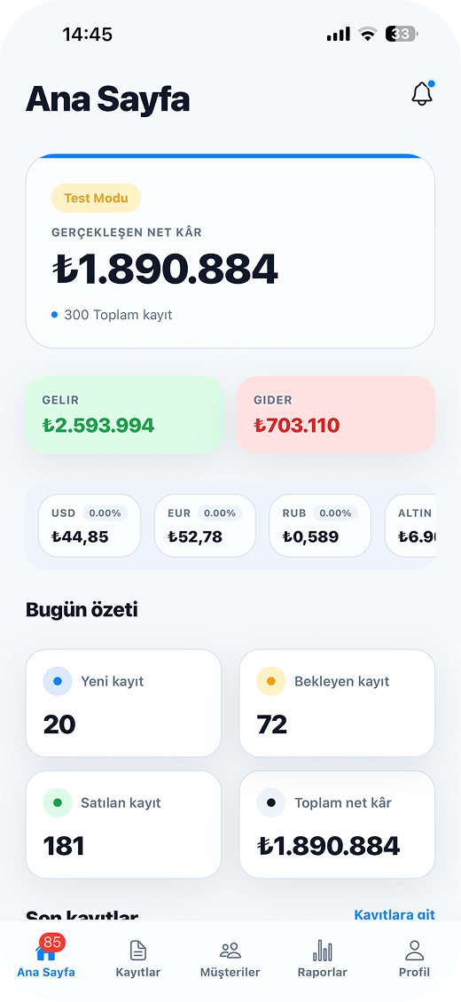 SellTrack Türkçe ana ekran görünümü.